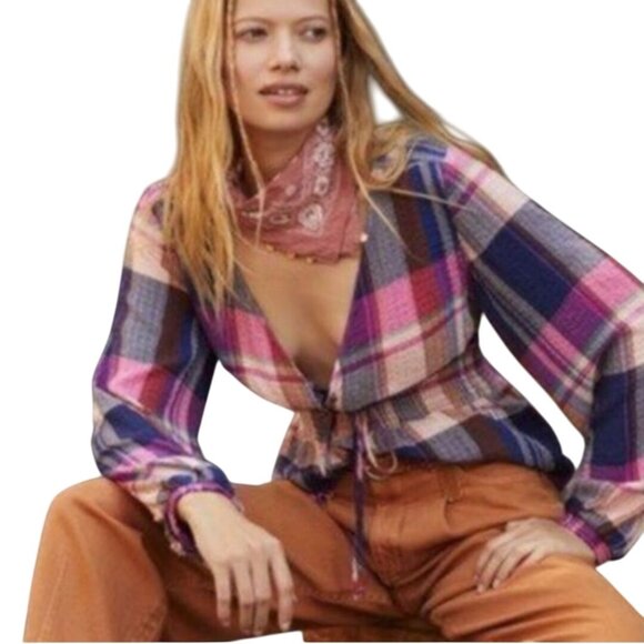 Anthropologie Pilcro Plaid Deep V Blouse Smock Waist Peplum Top Size S - Picture 1 of 9